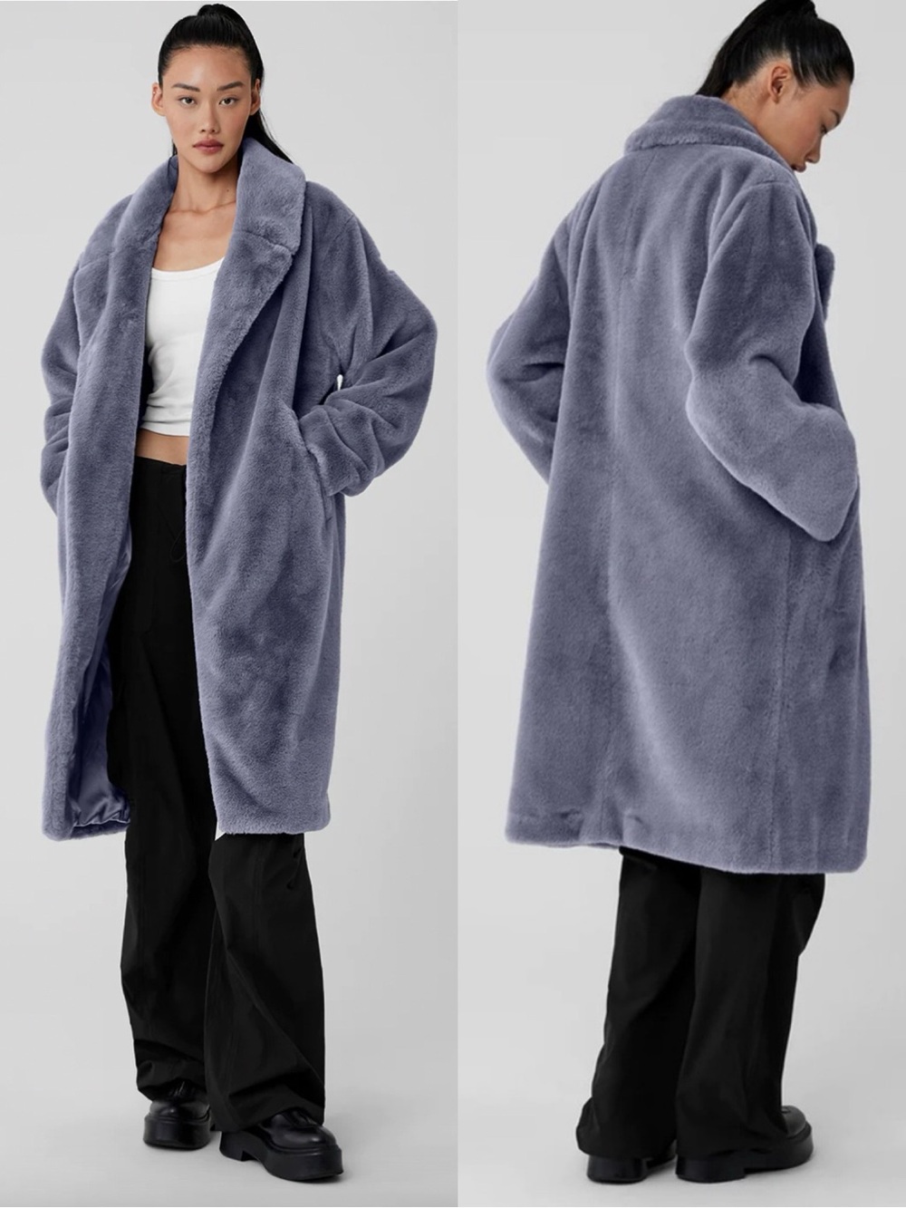 ALO Yoga Oversized Faux Fur Trench Coat Zippered Pockets Fog